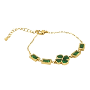 Elegant gold plated stainless steel bracelet with green clover and rectangular gemstones