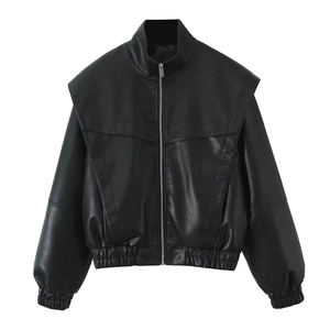 Veste en cuir PU noir pour femme avec col montant et fermeture éclair, style motard chic 2025