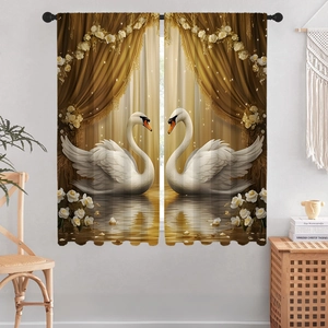 Detail of 3D digital printed curtains featuring white swans on a golden water background