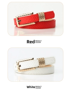 Detail of red and white skinny leather belts with textured finish and gold metal buckles