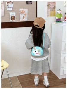 Detail of light blue round unicorn crossbody bag worn by a young girl in home setting