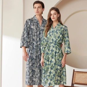 Unisex tropical palm leaf print bathrobe with waist belt for a premium home lifestyle