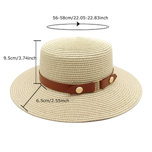 Flat-top straw sun hat in beige with brown leather band and metallic buckle detail