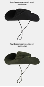 Detail of waterproof sun hats with side snaps and adjustable chin straps in black and green
