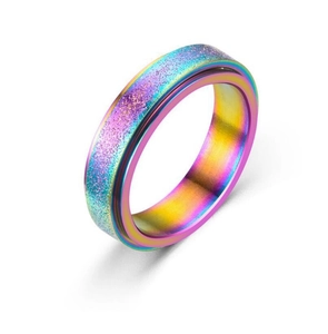 Macro detail of rainbow stainless steel spinner ring with glitter texture and sandblast finish