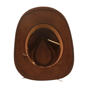 Inside view of a brown wide brim jazz cowboy hat showing the sweatband and lining