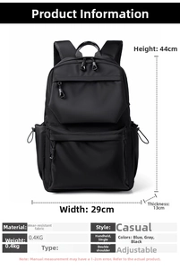 Dimensioni dettagliate dello zaino nero da 0,4 kg, altezza 44 cm, in tessuto resistente all'usura