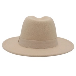 Classic beige wool felt fedora jazz hat with matching ribbon band for men and women