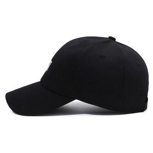 Men's black cotton baseball cap with white letter embroidery shown in a side view