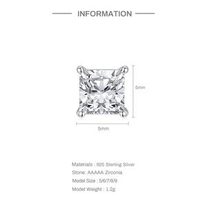 Detailed product information of 5mm 925 sterling silver square stud earrings with zirconia