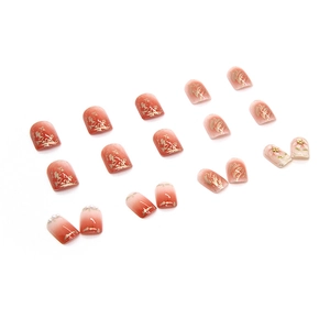 Faux ongles ombrés corail avec feuilles d'or et accents de fleurs séchées en kit