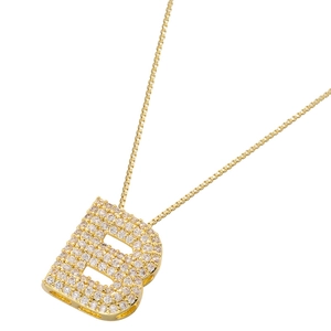 Macro shot of 3D letter B pendant with micro-pave zircons on a gold-plated box chain