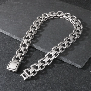 Vintage chunky titanium steel chain necklace for men with antique silver finish on dark rock