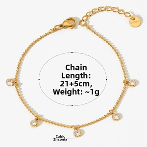Detail view of 21+5cm gold stainless steel anklet with colorful zircon and weight info