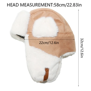 Detailed size chart for brown faux suede winter trapper hat with plush lining