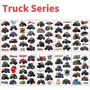 Macro view of 10 waterproof monster truck cartoon tattoo sticker sheets for children