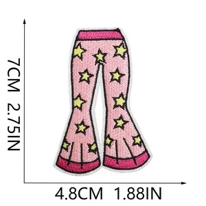 Pink flared pants embroidered patch with yellow stars detail and 7cm height scale