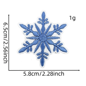 Close-up of blue and white snowflake embroidery patch with size measurements