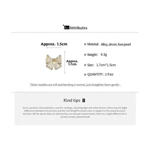 Detailed specs of silver needle bowknot earrings with pearls and pavé cubic zirconia