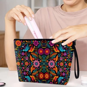 Ethnic Mexican floral makeup bag with bird pattern and zipper closure for travel