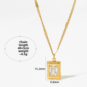 Detailed view of square zircon pendant and flat link chain showing jewelry measurements