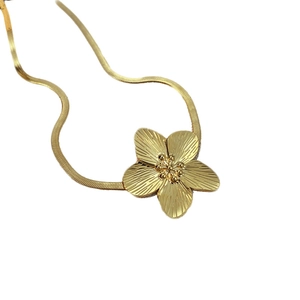 French vintage gold stainless steel snake chain necklace with floral pendant