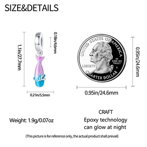 Luminous fishtail charm size guide showing dimensions and weight with a coin comparison