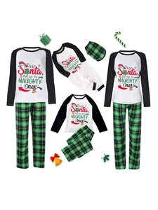 Pijamas de Noël assortis pour famille avec pantalons à carreaux verts et motifs Santa