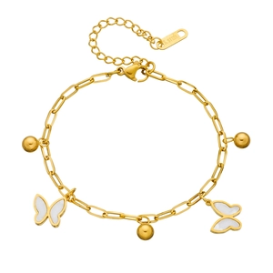 Golden stainless steel paperclip anklet with white shell butterfly and ball charms