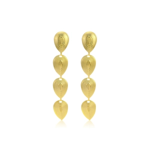 Fashionable gold stainless steel tiered teardrop earrings with textured circular patterns
