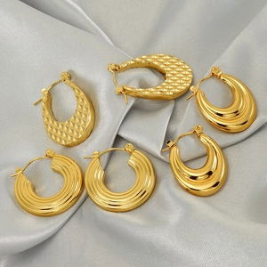 U-Shape Chunky Hoop Earrings 18K Gold Plated Stainless Steel Striped Geometric Textured Retro Fashion Jewelry For Women