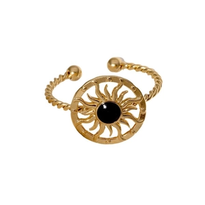 Bague soleil en acier inoxydable doré avec anneau torsadé et centre noir pour femmes chic