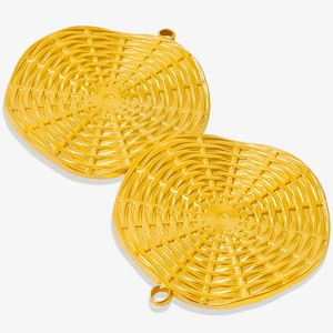 Detailed view of 18K gold-plated stainless steel round charms with woven texture finish