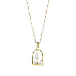 Minimalist gold rose necklace with rectangular hollow pendant and sparkling cubic zirconia