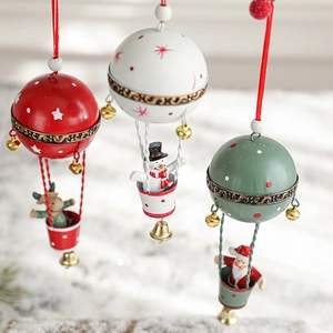 Christmas hot air balloon iron ornaments featuring reindeer snowman and Santa Claus