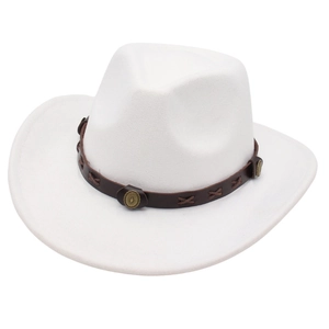 Classic white western cowboy hat with brown leather rivet band and wide brim design