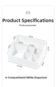 Macro detail of 6-compartment white acrylic lash organizer with precise dimensions