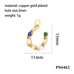 Detailed view of 18K gold plated U-shaped pendant with colorful cubic zirconia and dimensions
