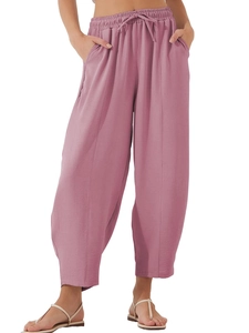 Pantalon court décontracté rose poudré pour femme avec taille haute et cordon de serrage