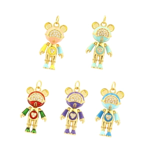 5Pcs 18K gold-plated bear-shaped pendants with colorful enamel and inlaid rhinestones