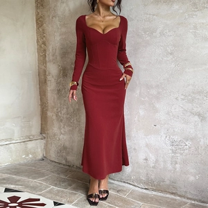 Women Long Sleeve Maxi Dress Sweetheart Neckline Bodycon Corset Fishbone Stitching Solid Wine Red Polyester Spandex Knit