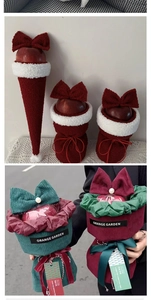 Detail of Christmas apple gift packaging with red plush fabric and pearl ribbon accents