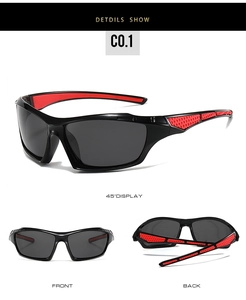 Polarized sports sunglasses featuring black frames and red honeycomb non-slip temples