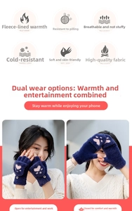 Deep blue convertible cat paw gloves with warm fleece lining and heart embroidery