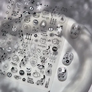 Detail view of TO-5243 embossed nail stickers with black cat and graffiti designs