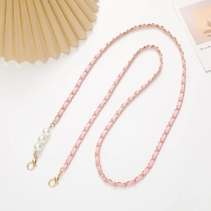 Pink leather woven strap with gold metal chain and white pearls detail for phone