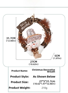 Detailed view of snowman Christmas wreath with Feliz Navidad sign and dimensions