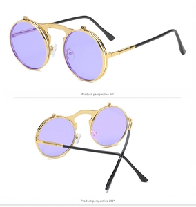 Steampunk flip-up sunglasses with round gold metal frames and purple lenses from two angles