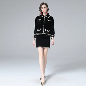 Elegant Women Tweed Jacket And Skirt Contrast Trim Faux Artificial Pearl Buttons Office Socialite Style Vintage Apparel