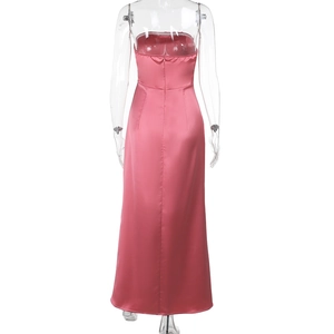 Detailed back view of pink satin strapless dress showing elegant backless design